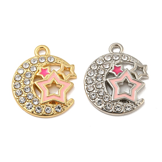 Alloy Enamel Pendants, with Rhinestone, Long-Lasting Plated, Moon with Star Charm