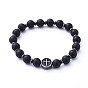 Natural Black Agate(Dyed) Beads Stretch Bracelets, with Non-Magnetic Synthetic Hematite Beads and Flat Round with Cross 304 Stainless Steel Beads