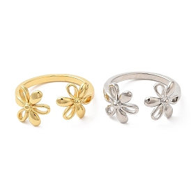 Rack Plating Brass Flower Open Cuff Rings for Women, Cadmium Free & Lead Free