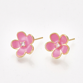 Brass Cubic Zirconia Stud Earring Findings, Nickel Free, Real 18K Gold Plated, with Loop and Enamel, Flower, Hot Pink