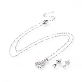 304 Stainless Steel Jewelry Sets, Brass Micro Pave Cubic Zirconia Pendant Necklaces and 304 Stainless Steel Stud Earrings, with Ear Nuts/Earring Back, Christmas Bell, Clear