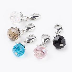 Electroplate Glass Beads Pendant Decorations, with Brass Lobster Claw Clasps, Faceted, Round