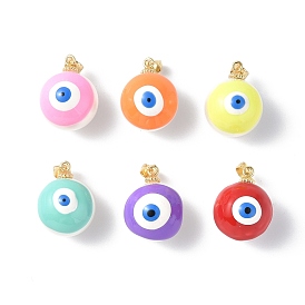 Shell Enamel Pendants, with Real 18K Gold Plated Brass Findings, Long-Lasting Plated, Round with Evil Eye Charm