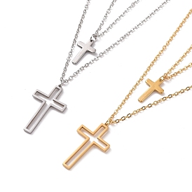 Collier double couche pendentif croix évidé en acier inoxydable avec chaînes câblées pour hommes femmes