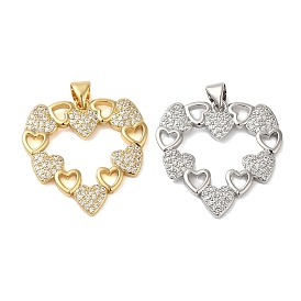 Rack Plating Brass & Clear Cubic Zirconia Pendants, Cadmium Free & Lead Free, Long-Lasting Plated, Heart with Hollow Heart