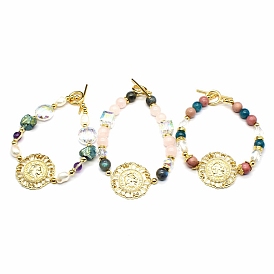 Brass Hollow Flat Round Link Bracelet, with Natural Mixed Gemstone Beaded Chains