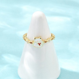 Brass Micro Pave Cubic Zirconia Enamel Cuff Open Rings, Cat Shape, Lead Free & Cadmium Free, Long-Lasting Plated, Rack Plating