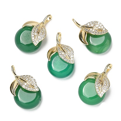 Natural Agate Pendants, Flat Round Charms with Brass Micro Pave Clear Cubic Zirconia Leaf