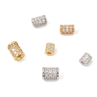925 Sterling Silver Micro Pave Clear Cubic Zirconia Beads, Rack Plating, Long-Lasting Plated, Column, with 925 Stamp