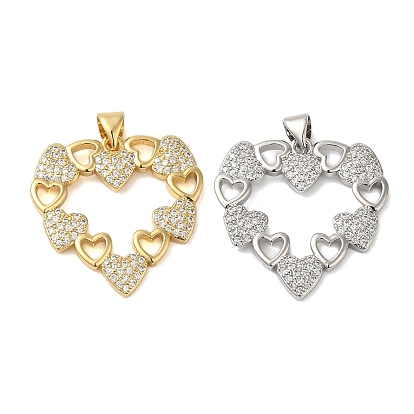 Rack Plating Brass & Clear Cubic Zirconia Pendants, Cadmium Free & Lead Free, Long-Lasting Plated, Heart with Hollow Heart