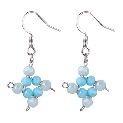 Rhombus Glass Beaded Dangle Earrings, with 304 Stainless Steel Findings