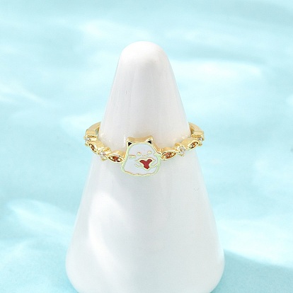 Brass Micro Pave Cubic Zirconia Enamel Cuff Open Rings, Cat Shape, Lead Free & Cadmium Free, Long-Lasting Plated, Rack Plating