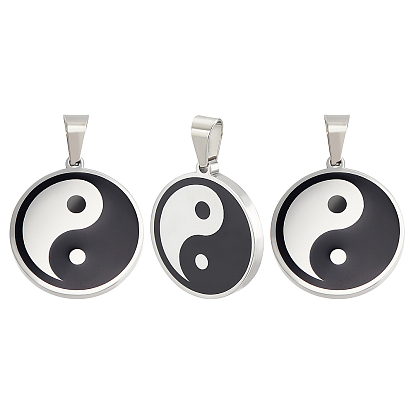 3 pcs 304 pendentifs en acier inoxydable, émail, plat et circulaire avec yin yang