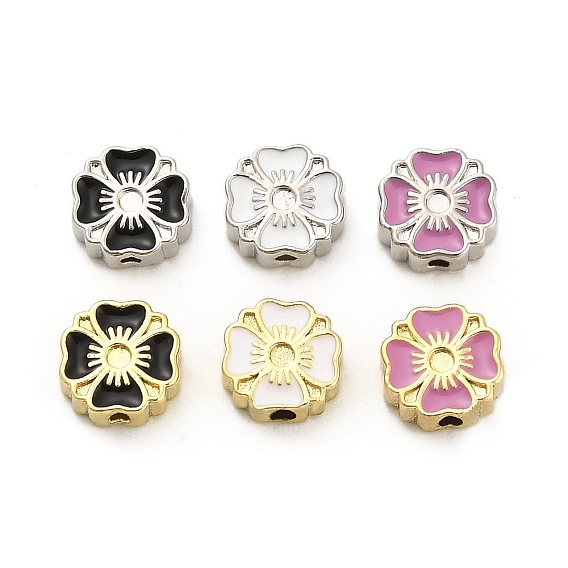 Оправы для цветочных бусин из латуни с эмалью и стразами, долговечный, стойки покрытие, без свинца и без кадмия, ионное покрытие (ip), реальный 18 k позолоченный