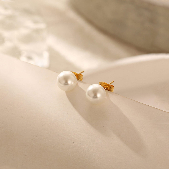 304 Stainless Steel with Imitation Pearl Stud Earrings for Women, Round