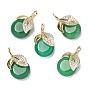 Natural Agate Pendants, Flat Round Charms with Brass Micro Pave Clear Cubic Zirconia Leaf