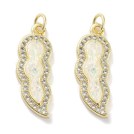 Brass Micro Pave Clear Cubic Zirconia Pendants, with Synthetic Opal and Jump Rings, Real 18K Gold Plated, Leaf