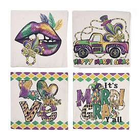 Mardi Gras Carnival Theme Linen Throw Pillow Covers, Cushion Cover, for Couch Sofa Bed, Square with Lip/Word/Car