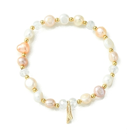 Charm Bracelets, with Natural Cultured Freshwater Pearl Beads, Glass Beads, Brass Round Spacer Beads and Brass Pendants, Whale Tail Shape, with Burlap Bags