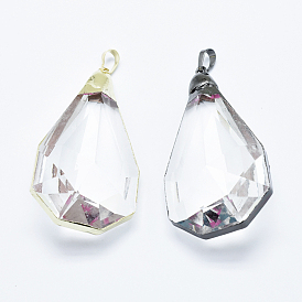 Glass Big Pendants, with Brass Findings, Faceted, Drop