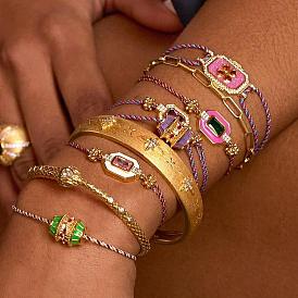 Браслеты из латуни с инкрустацией кубическим цирконием., украшения из хлопкового шнура для женщин, прямоугольные, с эмалью, золотые