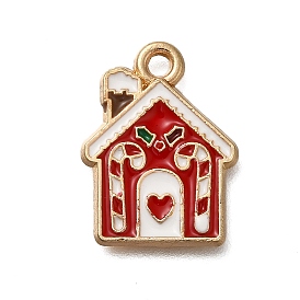 Christmas Theme Alloy Enamel Pendants, House with Candy Cane Charm, Golden