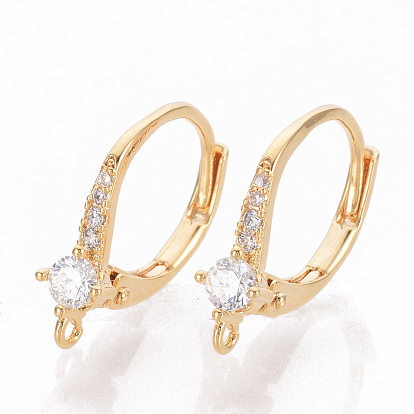 Brass Cubic Zirconia Leverback Earring Findings, with Loop, Nickel Free, Real 18K Gold Plated