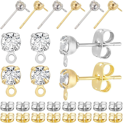 40шт. 2 цвета латунные серьги-гвоздики фурнитура, с бриллиантовым фианитом и горизонтальными петлями, 40 Фрикционные ушные гайки шт.