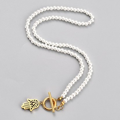 304 Stainless Steel Pendant Necklaces, with Acrylic Imitation Pearl Round Beads and Toggle Clasps, Hamsa Hand, White