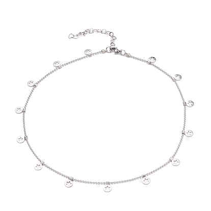 304 Stainless Steel Flat Round with Star Pendant Necklaces, with Ball Chains and Lobster Claw Clasps