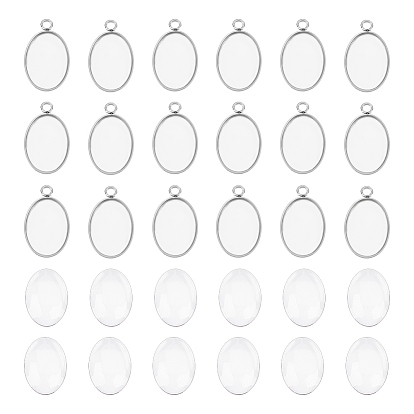 20шт 304 подвеска из нержавеющей стали с кабошоном, чашки безель с краями, овальные, с прозрачными овальными стеклянными кабошонами 20шт.