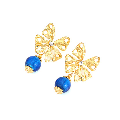 Vintage Style Butterfly Bowknot Earrings with Rhinestones and Glass Pendant Ear Jewelry