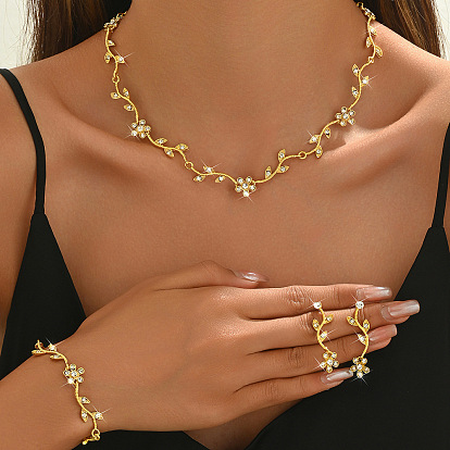 Комплекты браслетов, серег и ожерелий из сплава со стразами, листьев и цветов