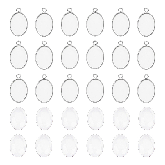20шт 304 подвеска из нержавеющей стали с кабошоном, чашки безель с краями, овальные, с прозрачными овальными стеклянными кабошонами 20шт.