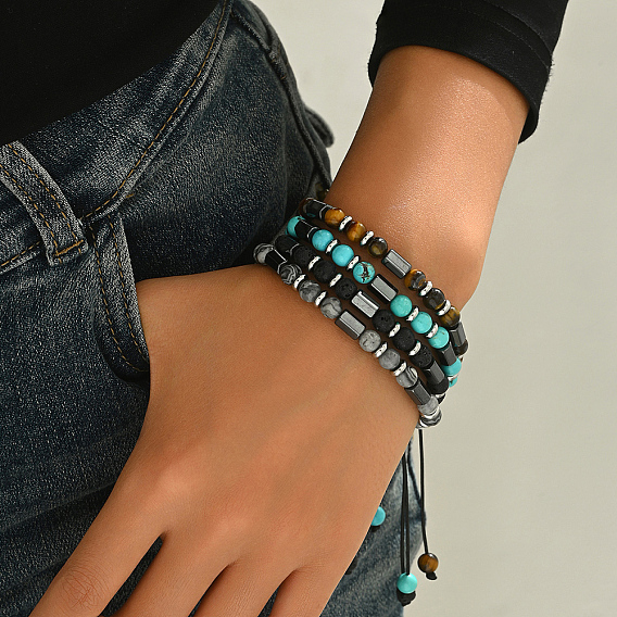 Элегантные регулируемые плетеные браслеты из бусин из драгоценных камней и немагнитного синтетического гематита