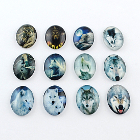 Wolf Pattern Glass Oval Flatback Cabochons for DIY Projects