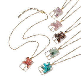 Natural mixed Gemstone with Brass Pendant Necklaces,  Rectangle with Tree
