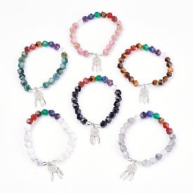 Joyas chakra, pulseras de piedras naturales mezcladas encanto pulseras, con fornituras de latón, red / tela tejida con pluma