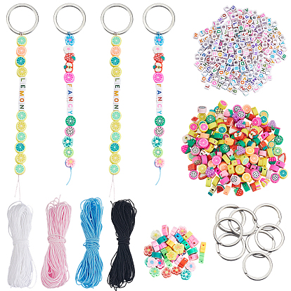 Сделай сам наборы для ключей, включая 304 кольца для ключей из нержавеющей стали, нейлоновый шнур, Полимерная глина бисера, Акриловые бусины