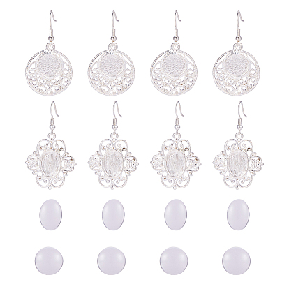 Brass Earring Hooks, with Glass Cabochons and Alloy Cabochon Settings, Flower & Flat Round