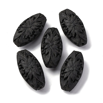 Cinnabar Beads, Carved Lacquerware, Oval with Flower