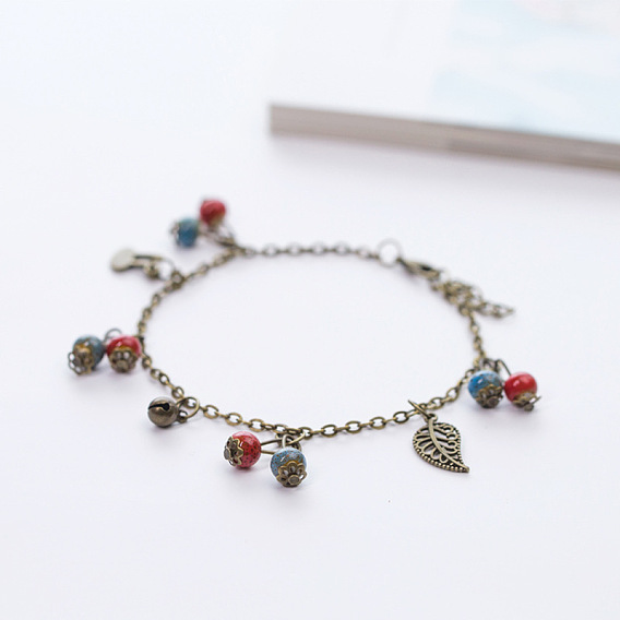 Браслеты на ногу с кисточками из старинного сплава в форме листа-колокольчика и фарфоровых бусин-рондель для женщин