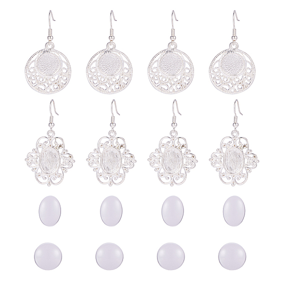 Brass Earring Hooks, with Glass Cabochons and Alloy Cabochon Settings, Flower & Flat Round
