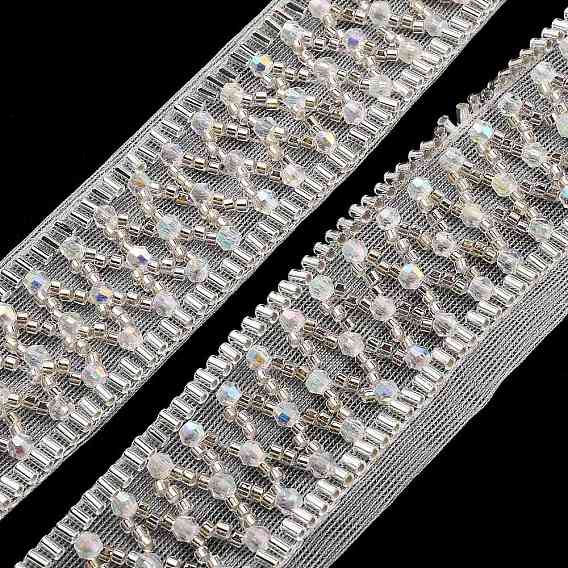 Polyester Lace Trims, with ABS Imitation Pearl Beads and Glass