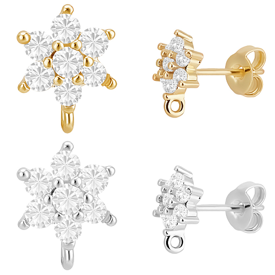 6 Pairs 2 Colors Brass Micro Pave Cubic Zirconia Stud Earring Findings, Cadmium Free & Lead Free, Flower with Loop, Long Lasting Plated