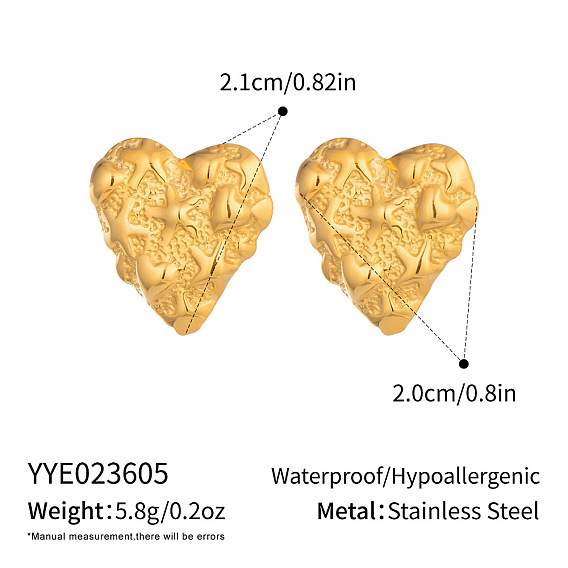 304 Pendientes de botón con forma de corazón texturizado de acero inoxidable para mujer