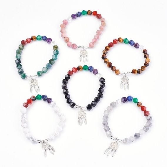 Chakra-Schmuck, natürliche gemischte Steinperlen Charme Armbänder, mit Messing-Zubehör, gewebtes Netz mit Feder