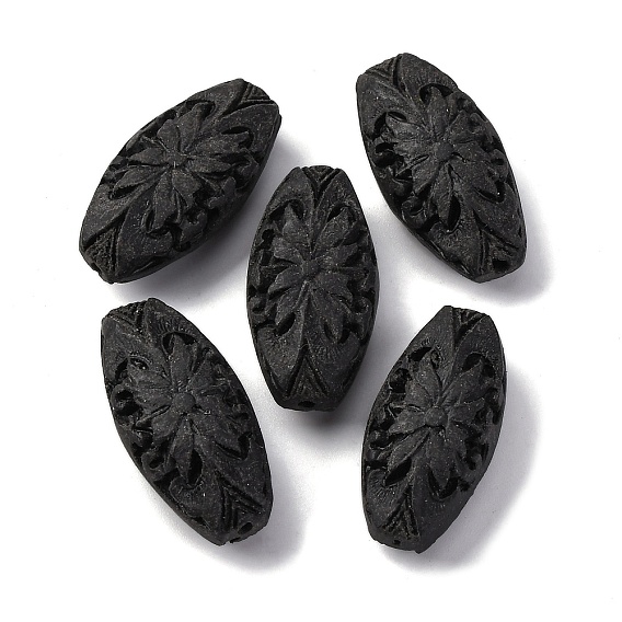 Cinnabar Beads, Carved Lacquerware, Oval with Flower