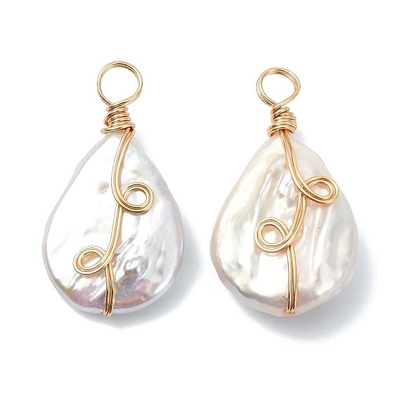 Natural Baroque Keshi Pearl Copper Wire Wrapped Pendants, Teardrop Cahrms, White