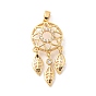 Brass Micro Pave Cubic Zirconia Pendants, Long-Lasting Plated, Woven Net/Web with Feather